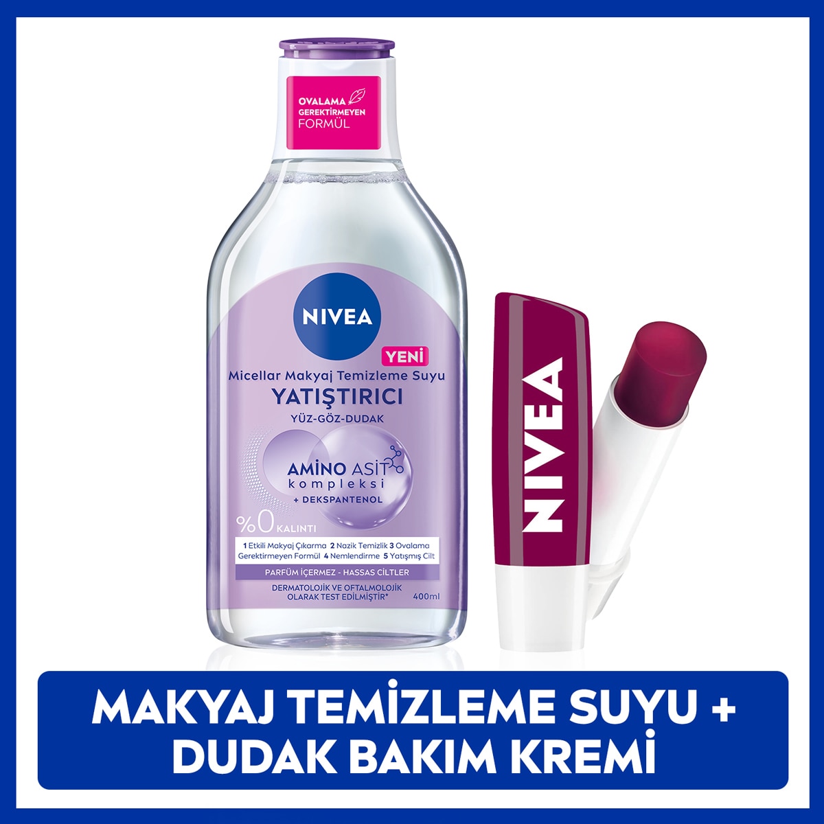 NIVEA VISAGE EXC. NIVEA VISAGE EXC. Nivea Yatıştırıcı Micellar Makyaj Temizleme Suyu 400 ml + Böğürtlen Nemlendirici Dudak Bakım Kremi 4,8 g Set  1 of 6