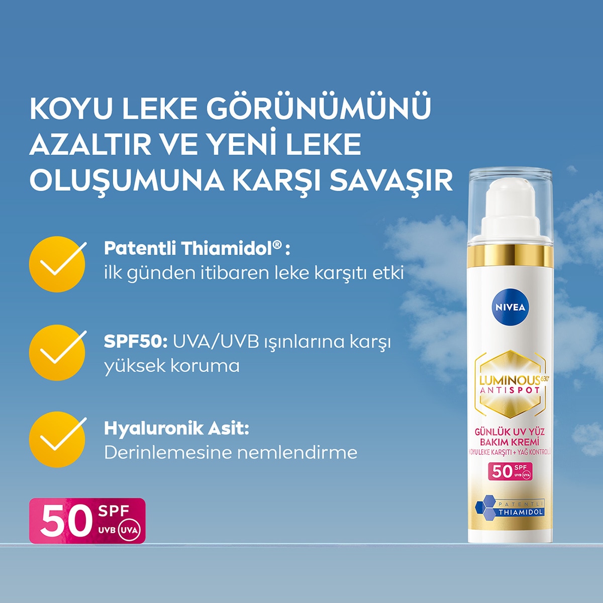 NIVEA VISAGE NIVEA VISAGE Nivea Luminous630 Güneş Korumalı Leke Karşıtı Spf50 Gündüz Yüz Kremi 40 ml Hyaluronik Asit, E Vitamini 1 of 6