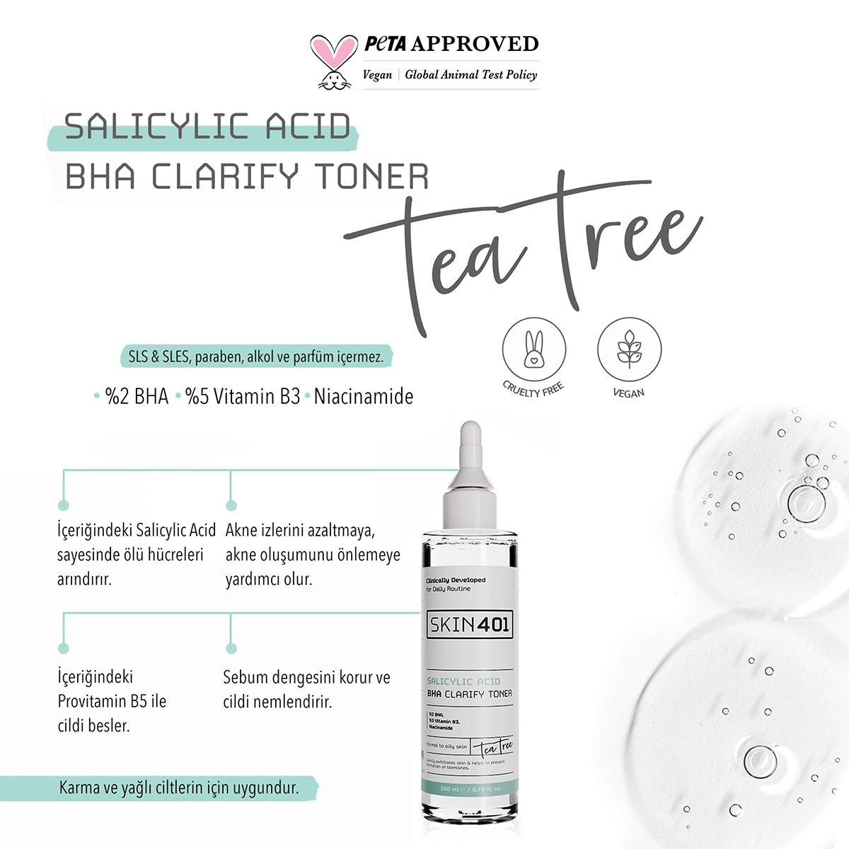 SKIN401 SKIN401 Skin401 -%2 Salisilik Asit BHA Arındırıcı, Gözenek Sıkılaştırıcı Siyah Nokta Karşıtı Tonik 200 ml 1 of 4