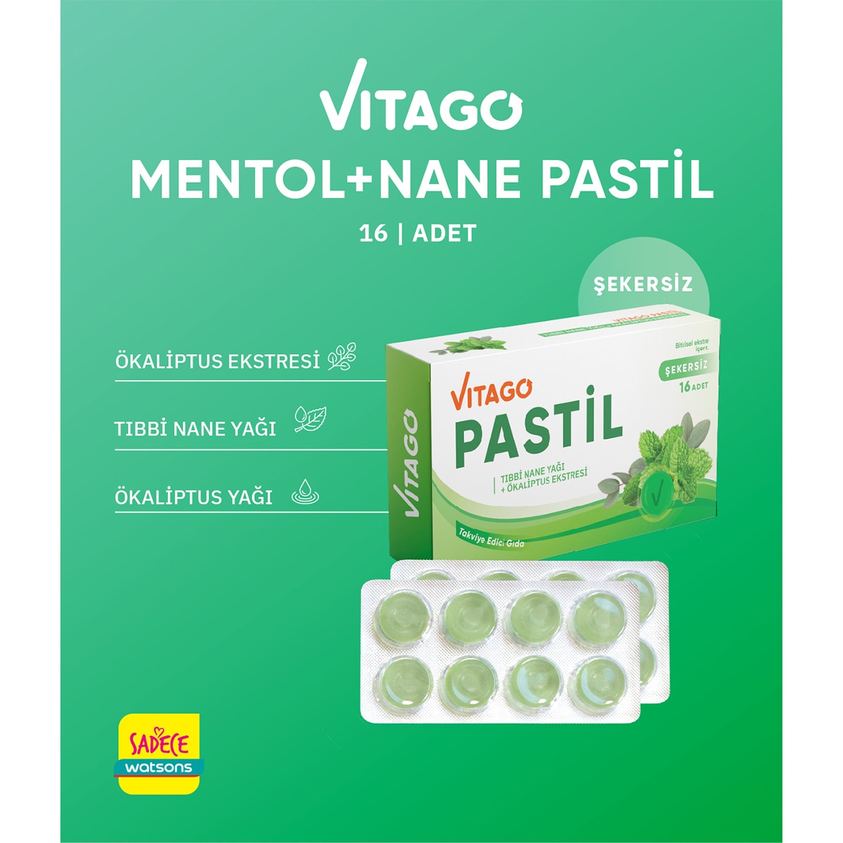  VITAGO EXC. VITAGO EXC. Vitago Pastil Tıbbi Nane Ökaliptus Yağı 16'lı  1 of 6 