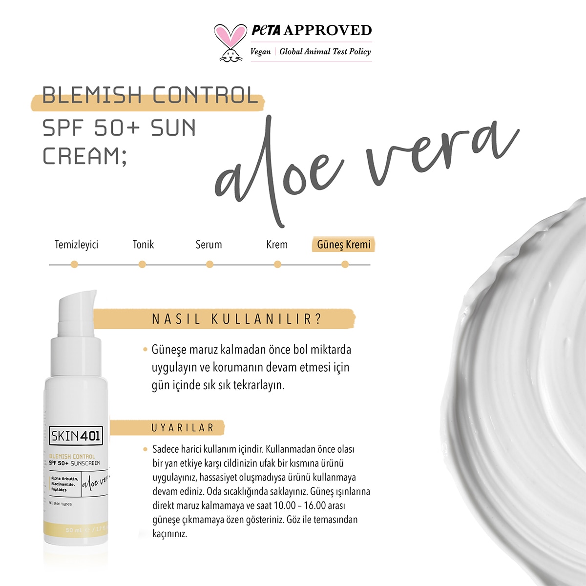  SKIN401 SKIN401 Skin401 SPF 50+ Leke Karşıtı Aloe Vera Nemlendiricili Güneş Kremi 50 ml  1 of 4 