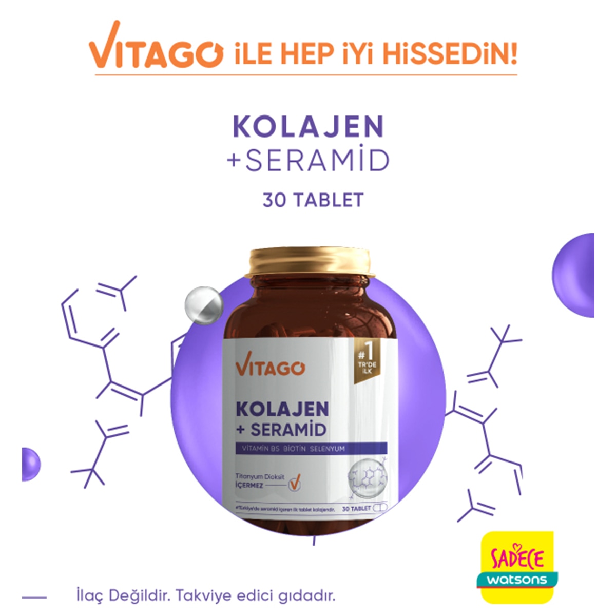  VITAGO VITAGO EXC. Vitago Kolajen, Seramid ve Biotin İçeren Tablet Takviye Edici Gıda 30'lu  1 of 5 