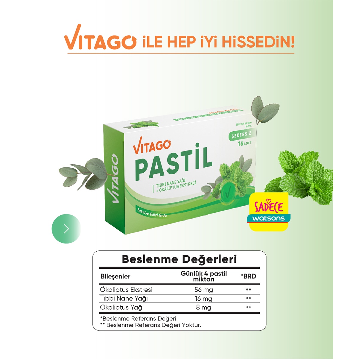  VITAGO EXC. VITAGO EXC. Vitago Pastil Tıbbi Nane Ökaliptus Yağı 16'lı  1 of 6 