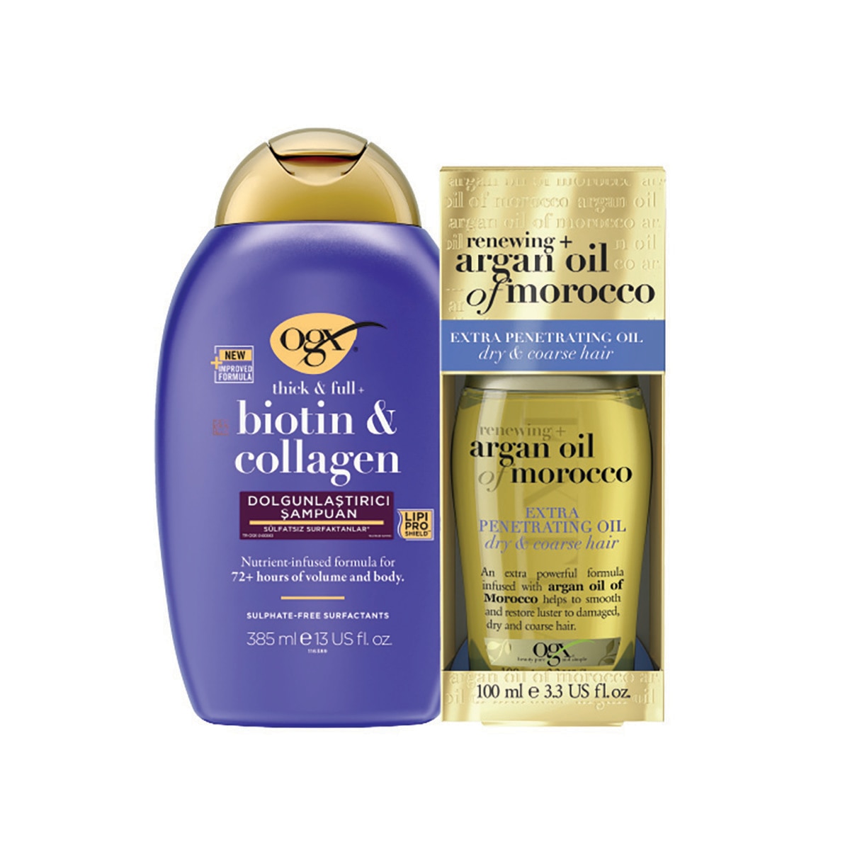  OGX OGX OGX Biotin&Collagen Dolgunlaştırıcı Şampuan 385 ml + Argan Oil of Morocco Saç Bakım Yağı 100 ml  1 of 2 