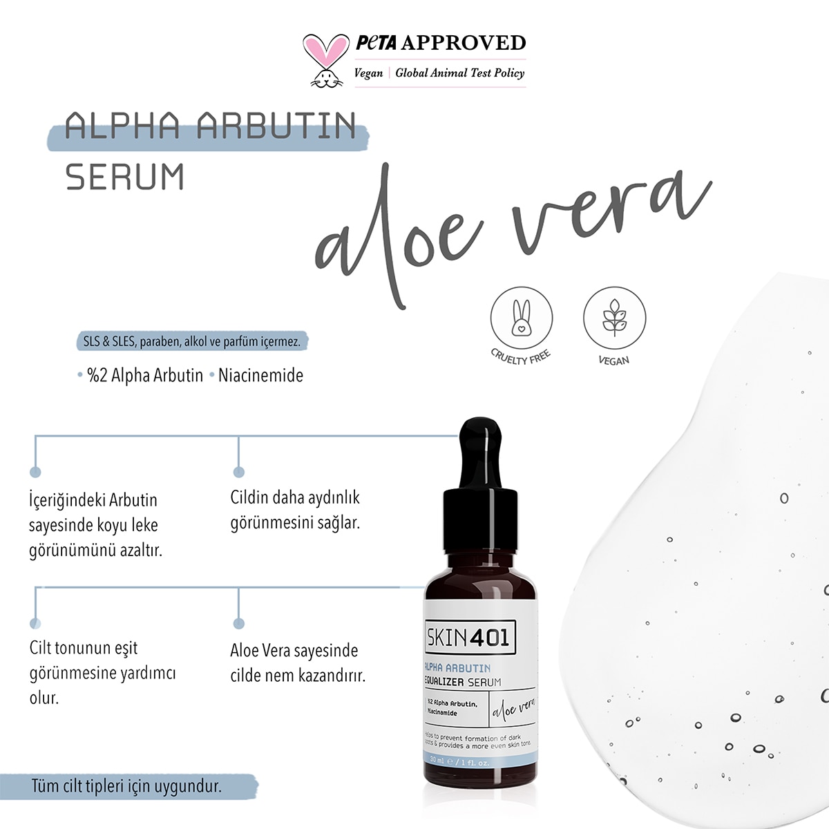  SKIN401 SKIN401 Skin401 Arbutin %2 Cilt Tonu Eşitleyici Leke Karşıtı Serum 30 ml  1 of 4 