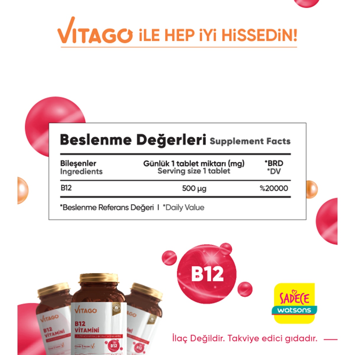  VITAGO VITAGO EXC. Vitago Vitamin B12 500 Mcg Tablet 60'lı  1 of 5 