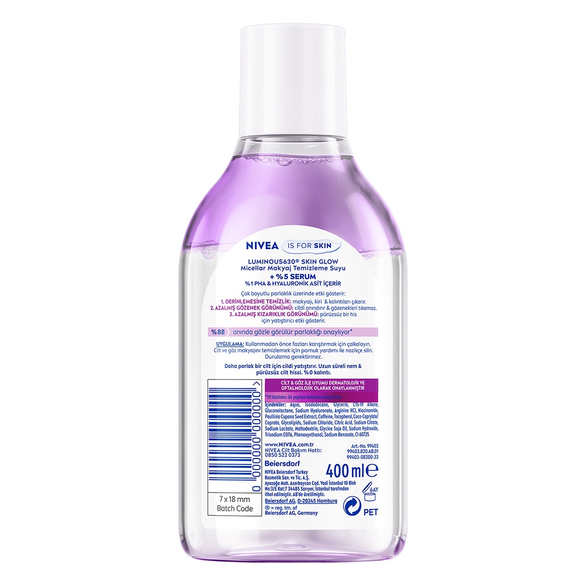  NIVEA VISAGE NIVEA VISAGE Nivea Luminous630 Skin Glow Parlaklık Etkili Serum İçerikli Micellar Makyaj Temizleme Suyu 400 ml  1 of 8 
