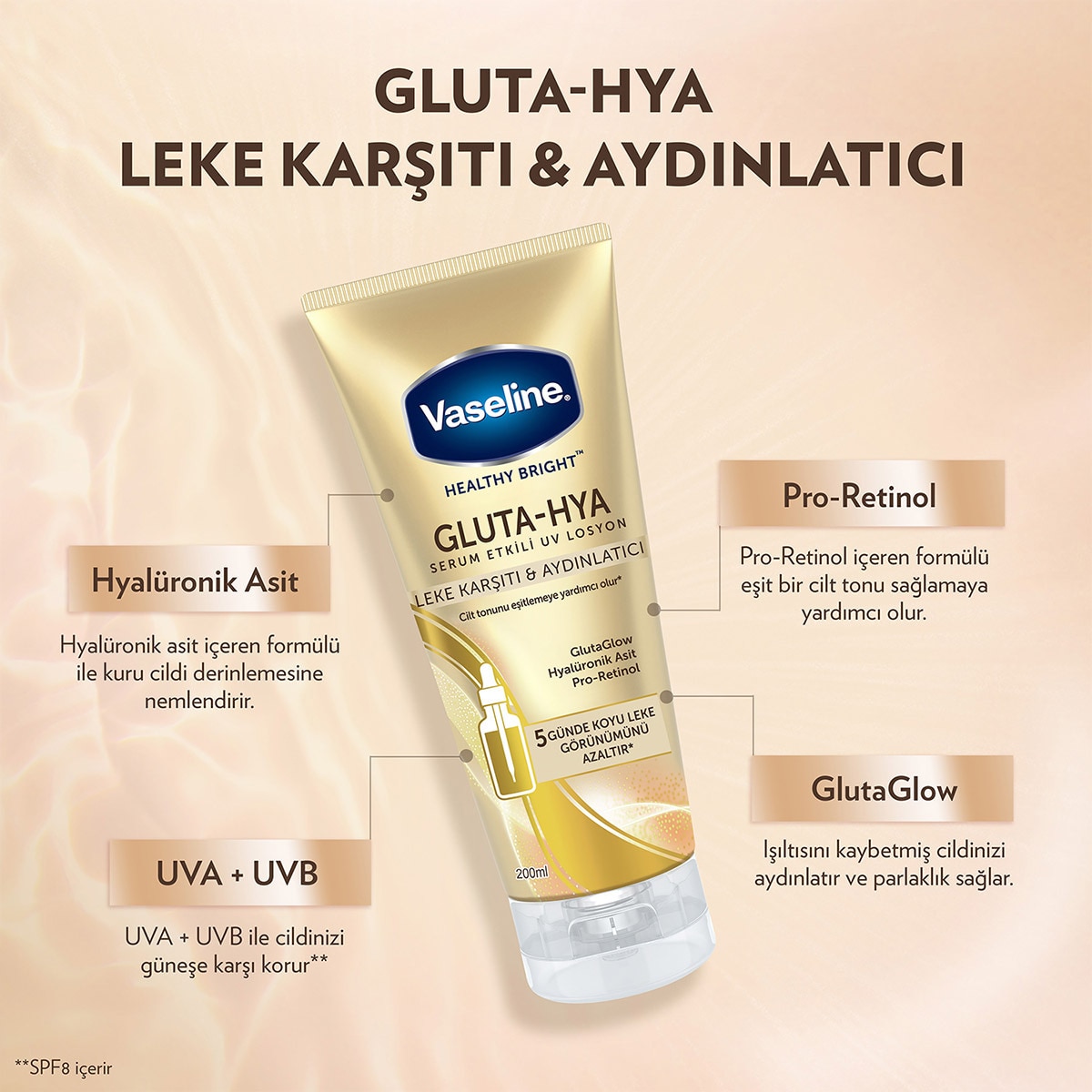  VASELINE VASELINE Vaseline Gluta Hya Serum Etkili UV Losyon Leke Karşıtı ve Aydınlatıcı 200 ml  1 of 10 