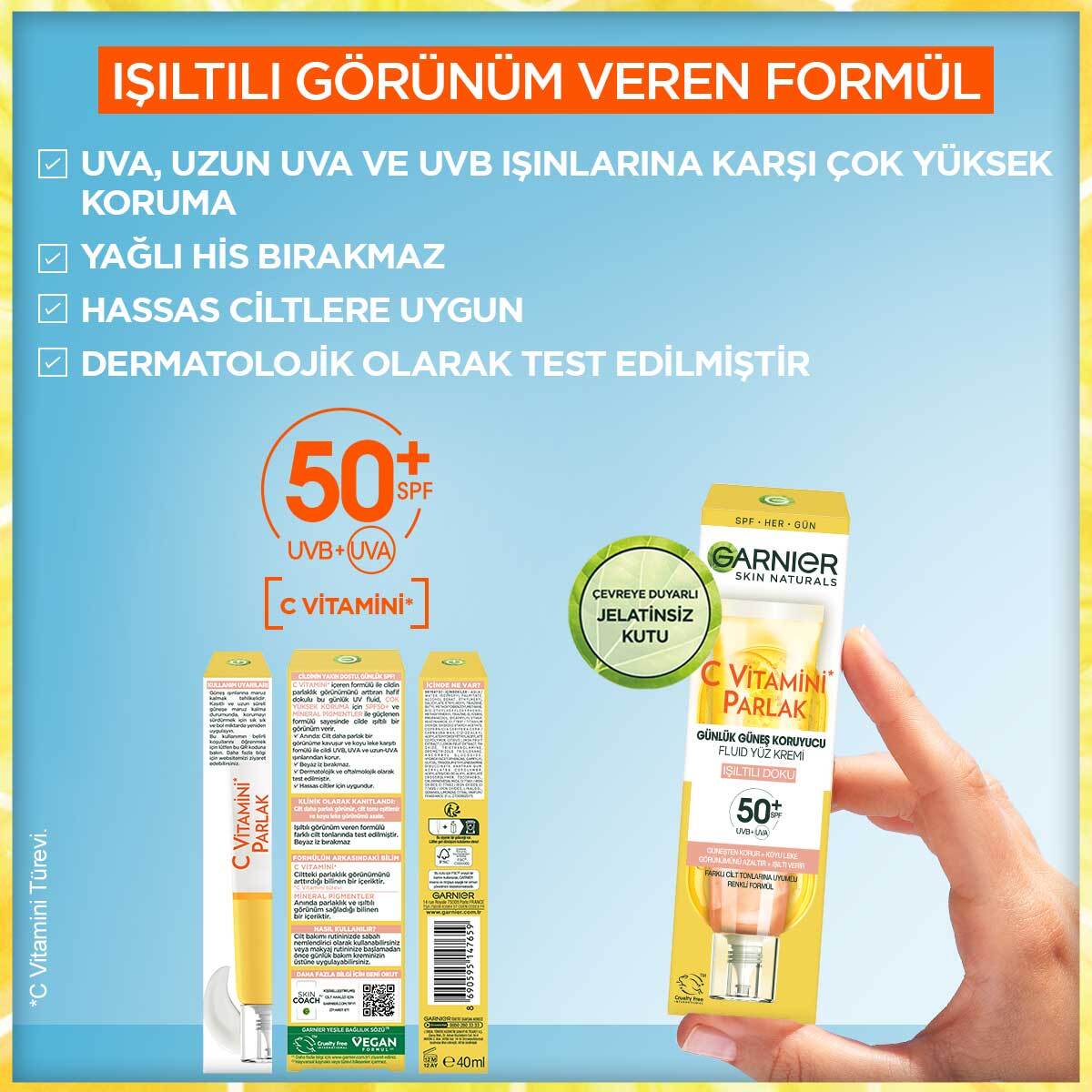 GARNIER GARNIER Garnier C Vitamini Parlak Günlük Yüz Güneş Kremi Işıltılı Doku SPF50+ 40 ml 1 of 7