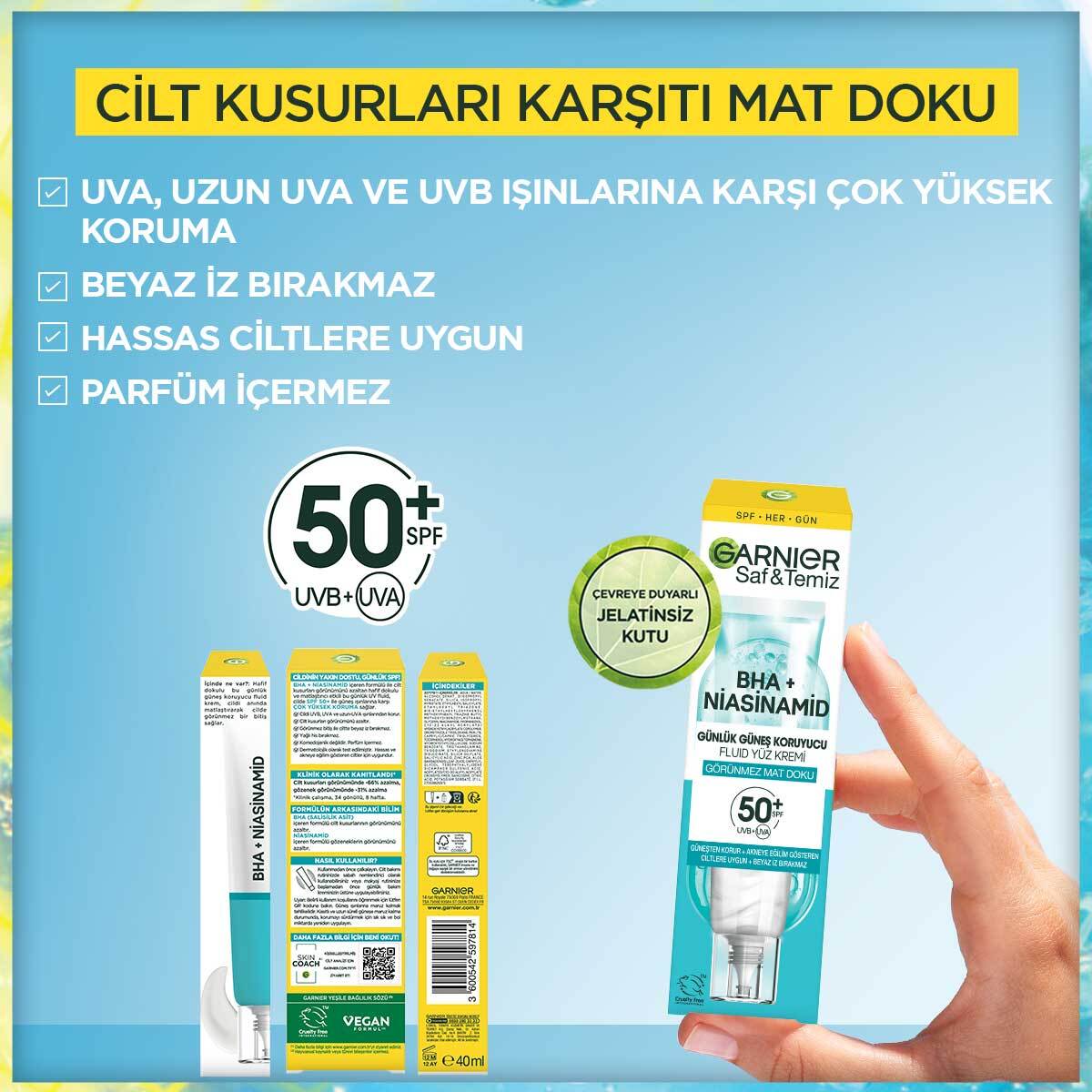  GARNIER GARNIER Garnier Saf ve Temiz BHA Niasinamid Günlük Yüz Güneş Kremi SPF50+ 40 ml  1 of 7 