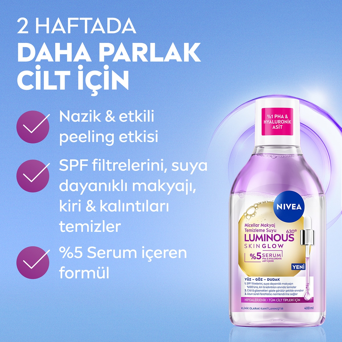 NIVEA VISAGE NIVEA VISAGE Nivea Luminous630 Skin Glow Parlaklık Etkili Serum İçerikli Micellar Makyaj Temizleme Suyu 400 ml  1 of 8 