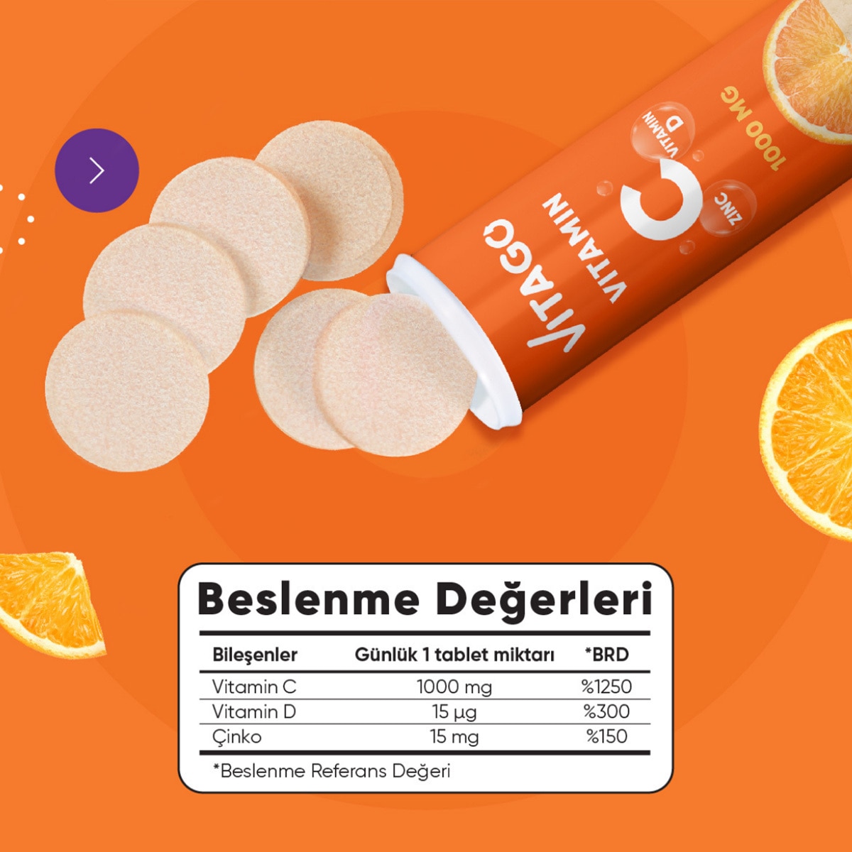  VITAGO VITAGO Vitago Vitamin C 1000 mg + Vitamin D + Çinko 20'li Efervesan Tablet  1 of 5 