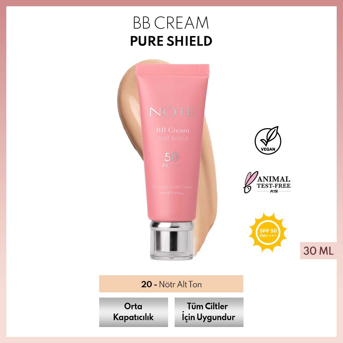 NOTE NOTE Note SPF 50+ PA++++ Hyaluronik Asit ve Seramik İçerikli BB Krem Pure Shield 20 1 of 7