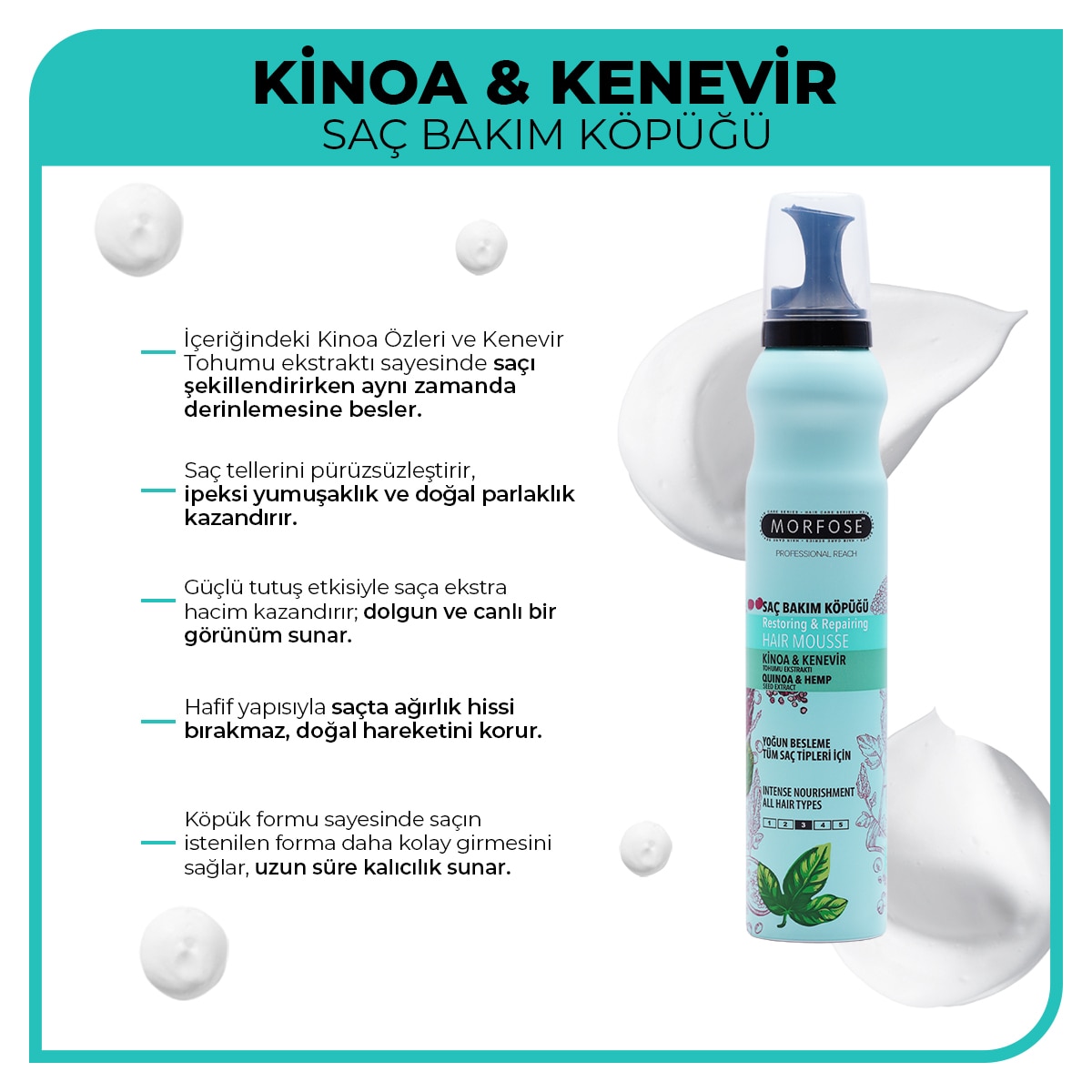 MORFOSE MORFOSE EXC. Morfose Saç Bakım Köpüğü Kinoa&Kenevir 200 ml 1 of 5
