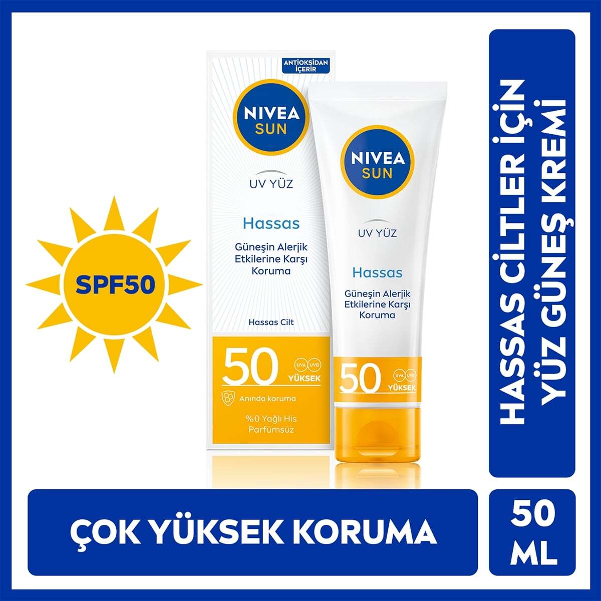 NIVEA SUN NIVEA SUN Nivea Sun SPF50 Hassas Yatıştıran Nemlendirici Yüz Güneş Kremi 50 ml 1 of 8