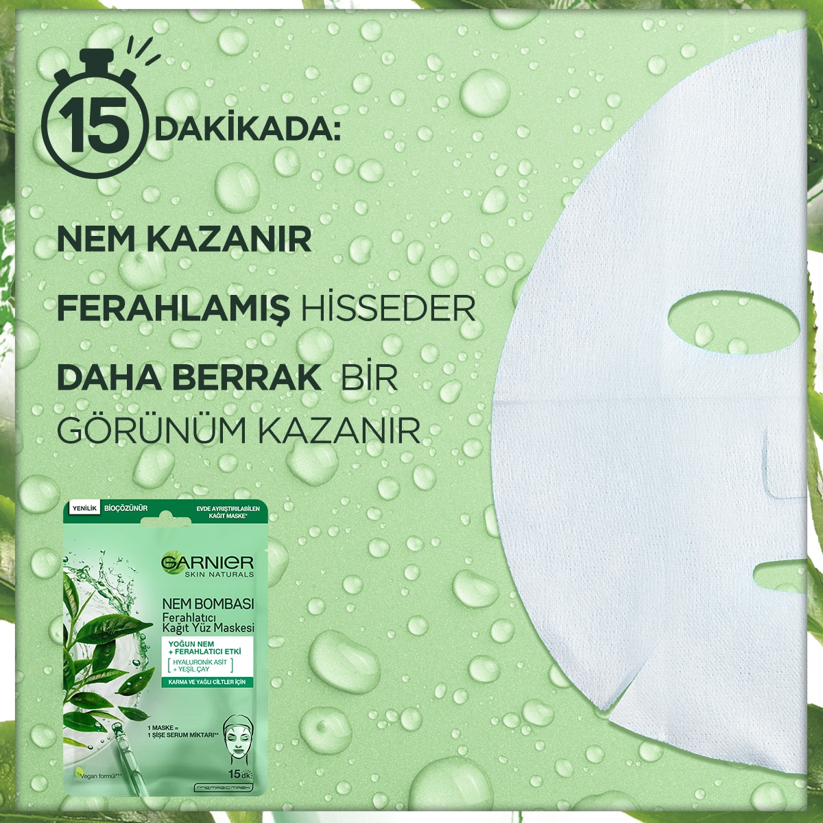 GARNIER GARNIER Garnier Nem Bombası Ferahlatıcı Kağıt Yüz Maskesi Yeşil Çay Özü 1 of 4