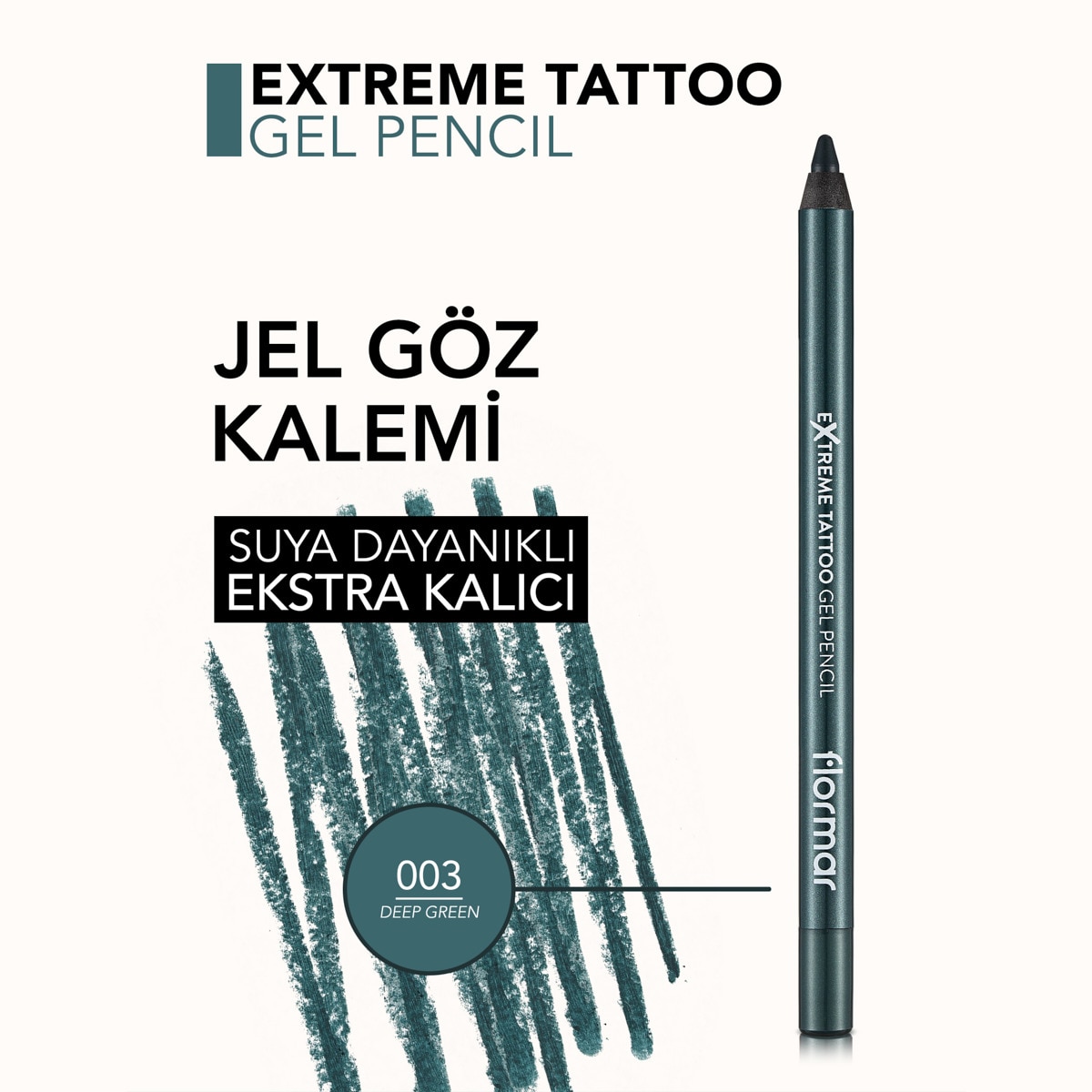 FLORMAR FLORMAR Flormar Extreme Tattoo Yoğun Pigmentli Mat Jel Göz Kalemi No: 003 Deep Green 1 of 9