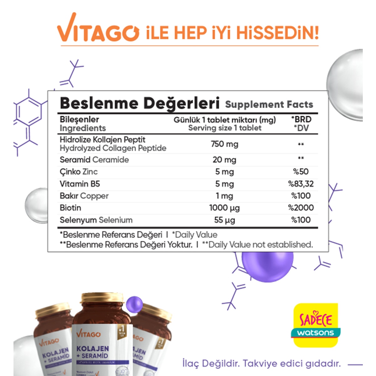  VITAGO VITAGO EXC. Vitago Kolajen, Seramid ve Biotin İçeren Tablet Takviye Edici Gıda 30'lu  1 of 5 