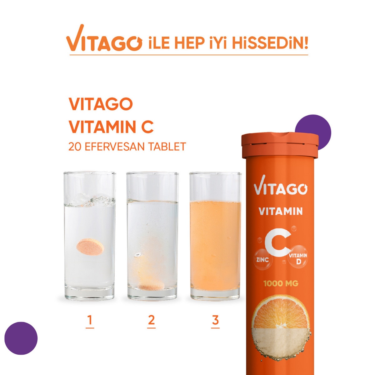  VITAGO VITAGO Vitago Vitamin C 1000 mg + Vitamin D + Çinko 20'li Efervesan Tablet  1 of 5 
