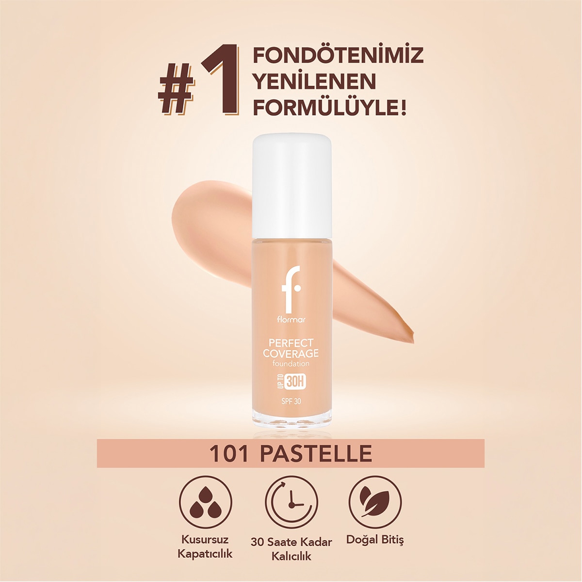 FLORMAR FLORMAR Flormar Perfect Coverage Yoğun Pigmentli SPF30 Fondöten No: 101 Pastelle 1 of 8