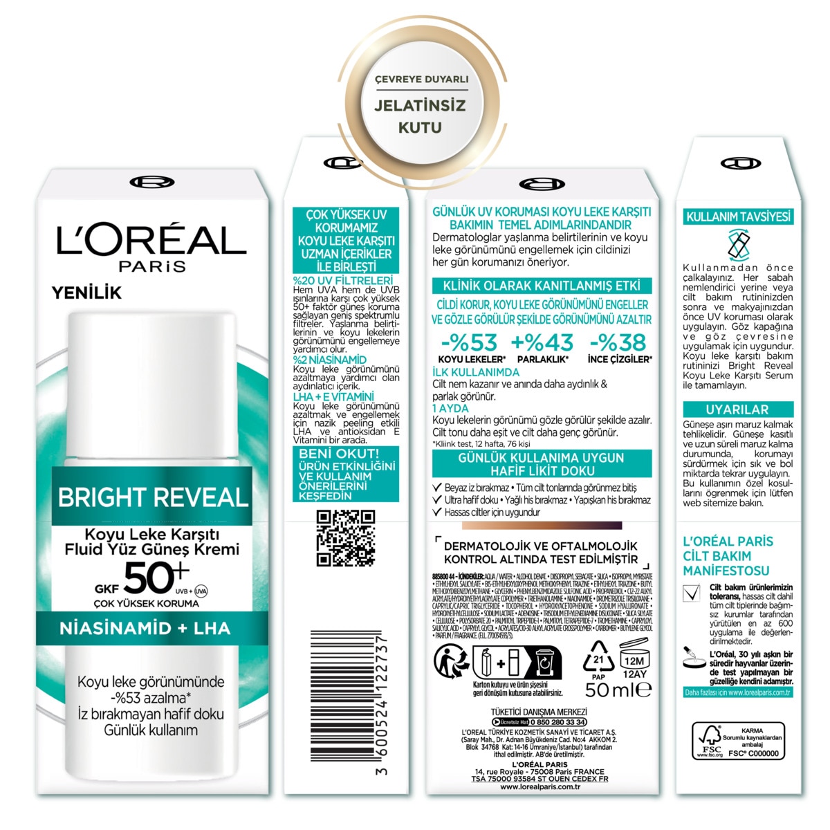  LOREAL PARIS LOREAL PARIS L'Oreal Paris Bright Reveal Spf 50+ Koyu Leke Karşıtı Fluid Günlük Yüz Güneş Kremi 50ml  1 of 8 