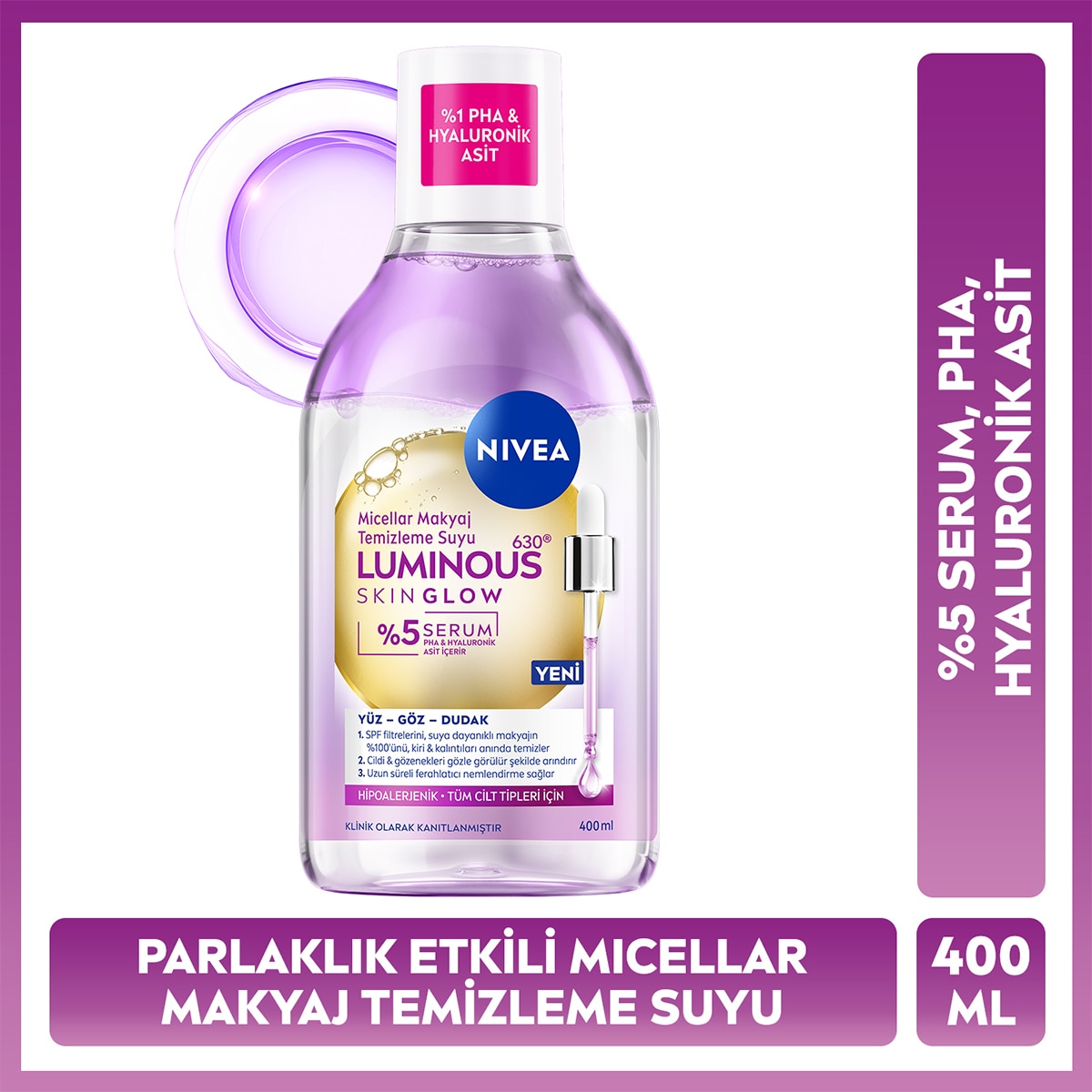  NIVEA VISAGE NIVEA VISAGE Nivea Luminous630 Skin Glow Parlaklık Etkili Serum İçerikli Micellar Makyaj Temizleme Suyu 400 ml  Nivea Luminous630 Skin Glow Parlaklık Etkili Serum İçerikli Micellar Makyaj Temizleme Suyu 400 ml
