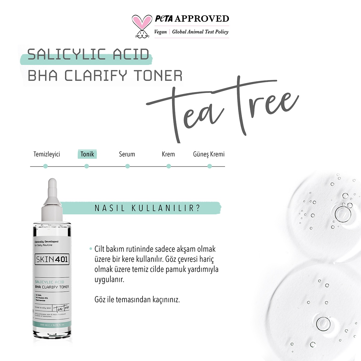 SKIN401 SKIN401 Skin401 -%2 Salisilik Asit BHA Arındırıcı, Gözenek Sıkılaştırıcı Siyah Nokta Karşıtı Tonik 200 ml 1 of 4