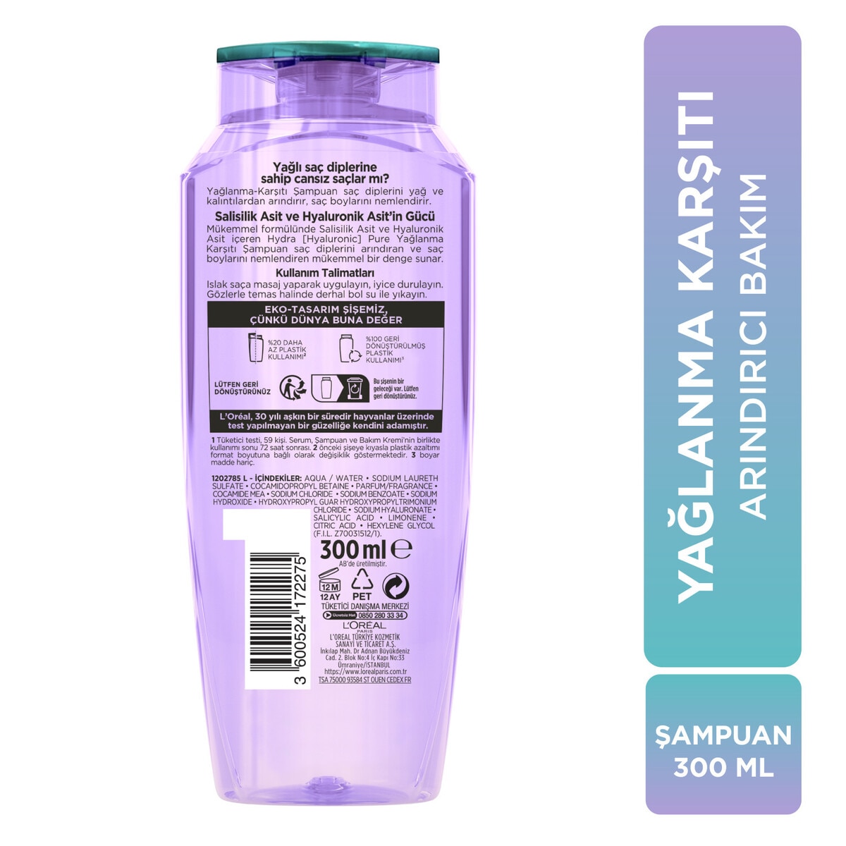 ELSEVE ELSEVE L'Oreal Paris Elseve Hydra Hyaluronic Pure Salisilik Asit İçeren Yağlanma Karşıtı Arındırıcı Şampuan 300 ml 1 of 8