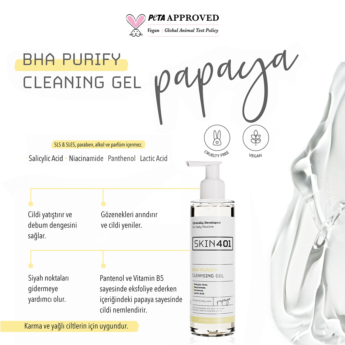  SKIN401 SKIN401 Skin401 BHA Arındırıcı Siyah Nokta Karşıtı Yüz Temizleme Jeli 200 ml  1 of 4 