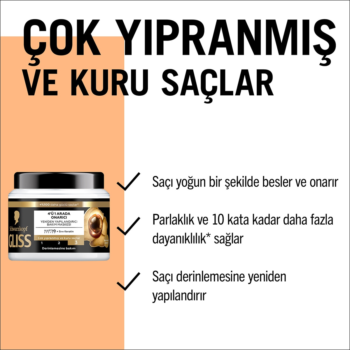  GLISS GLISS Gliss 4'ü 1 Arada Ultimate Repair Onarıcı Saç Bakım Maskesi Sıvı Keratin ile 400 ml  1 of 7 