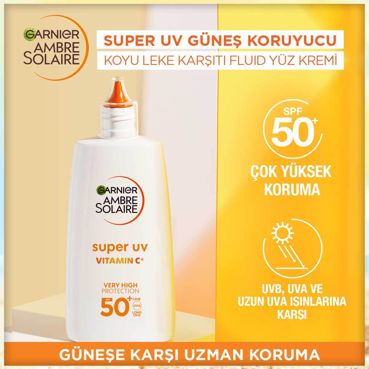  A.SOLAIRE A.SOLAIRE Garnier Ambre Solaire Super UV C Vitamini Koyu Leke Karşıtı Fluid Yüz Güneş Kremi SPF50+ 40ML  1 of 8 
