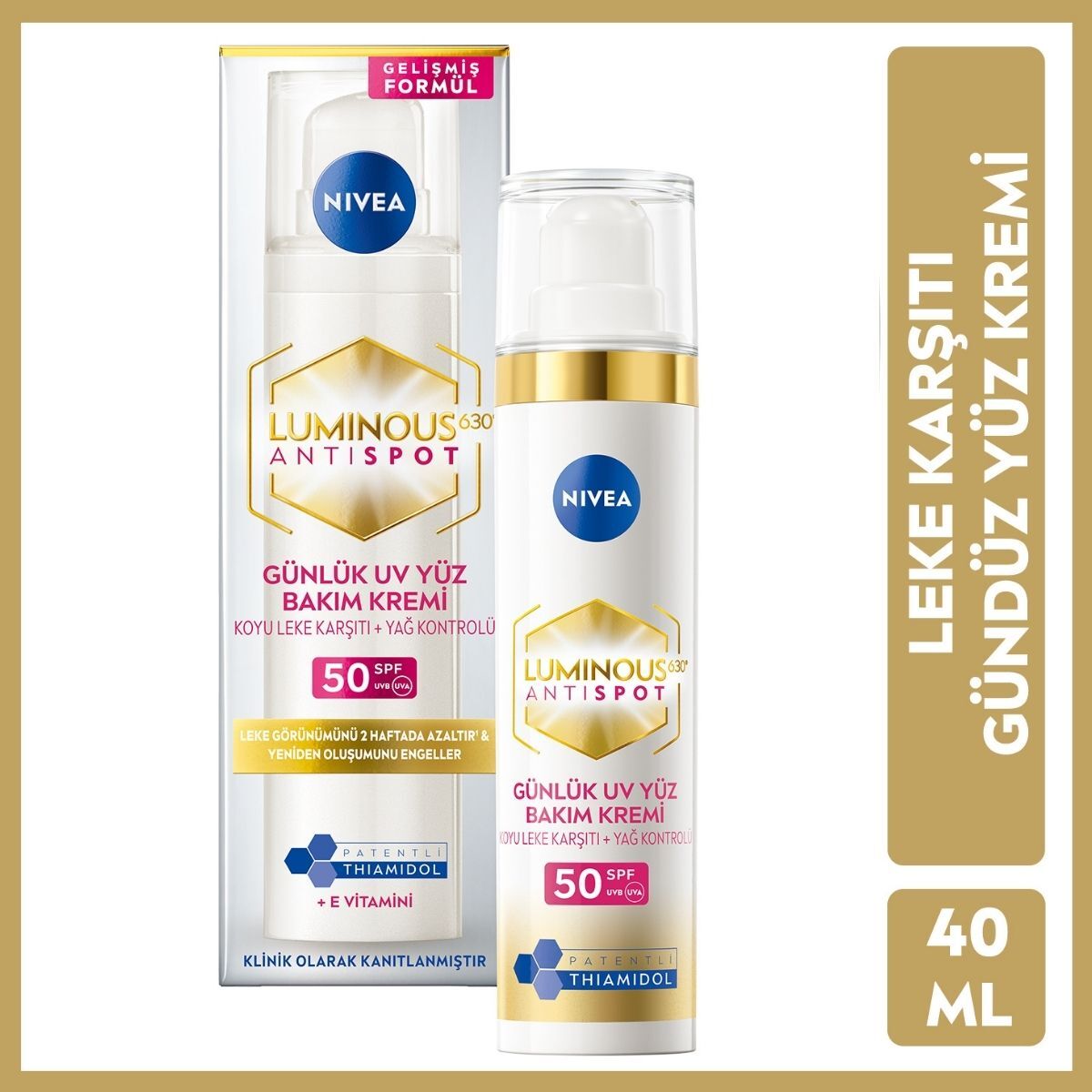  NIVEA VISAGE NIVEA VISAGE Nivea Luminous630 Güneş Korumalı Leke Karşıtı SPF50 Gündüz Yüz Kremi 40 ml Hyaluronik Asit, E Vitamini  Nivea Luminous630 Güneş Korumalı Leke Karşıtı SPF50 Gündüz Yüz Kremi 40 ml Hyaluronik Asit, E Vitamini