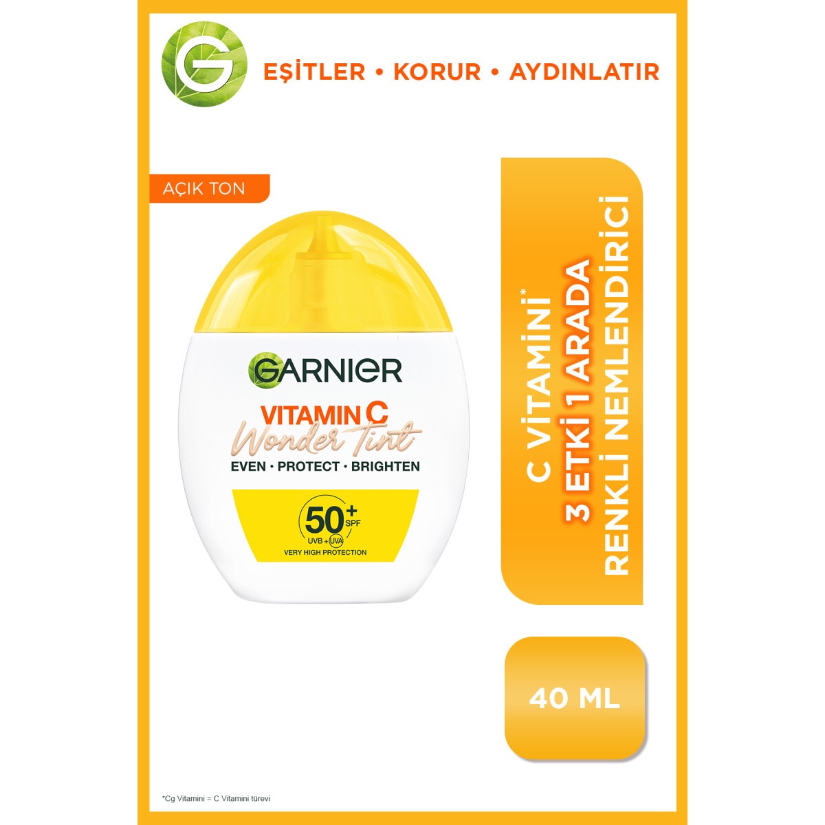 GARNIER GARNIER Garnier C Vitamini Wonder Tint 3 Etki 1 Arada Renkli Nemlendirici Açık Ton SPF50 Vegan Light 40 ml 1 of 10