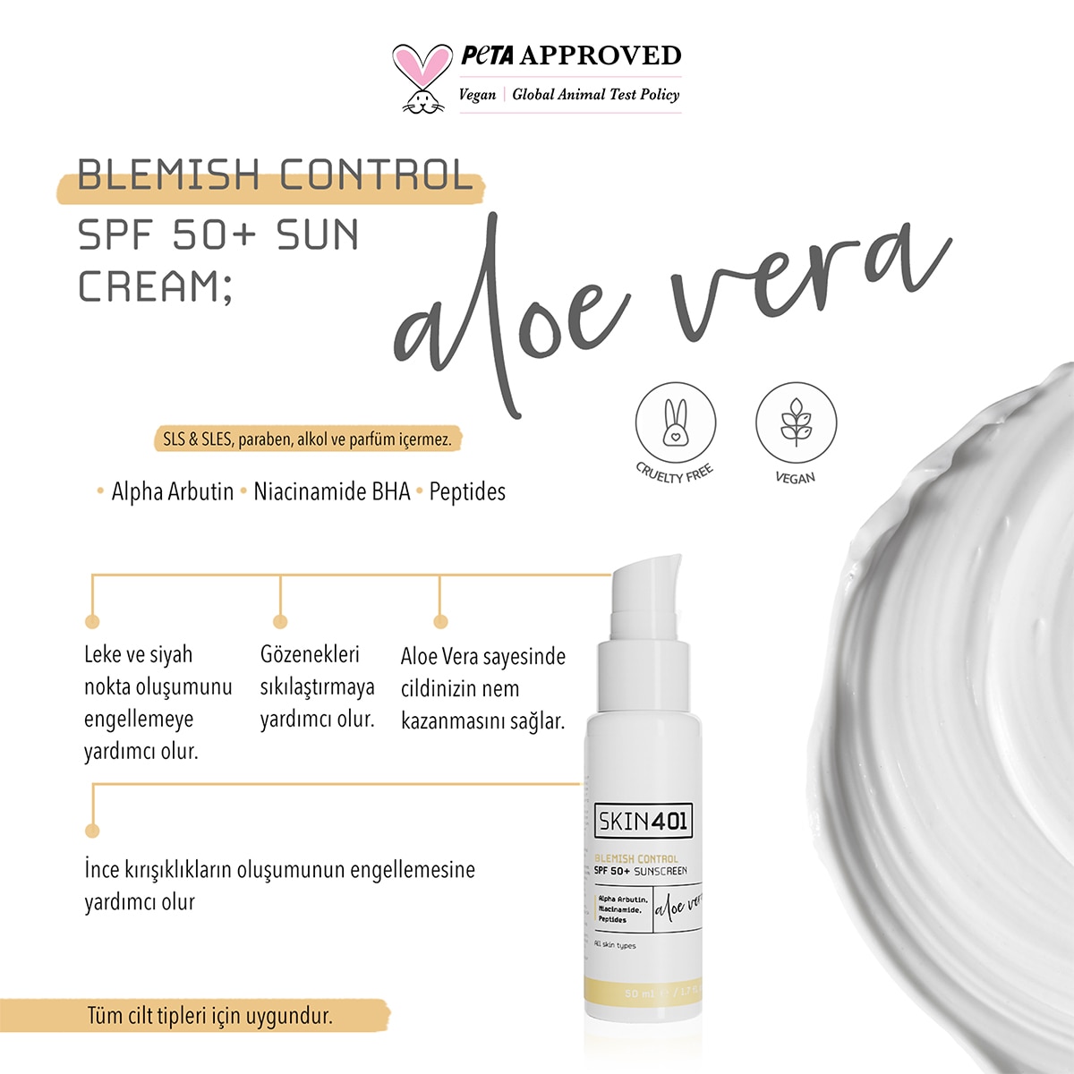  SKIN401 SKIN401 Skin401 SPF 50+ Leke Karşıtı Aloe Vera Nemlendiricili Güneş Kremi 50 ml  1 of 4 