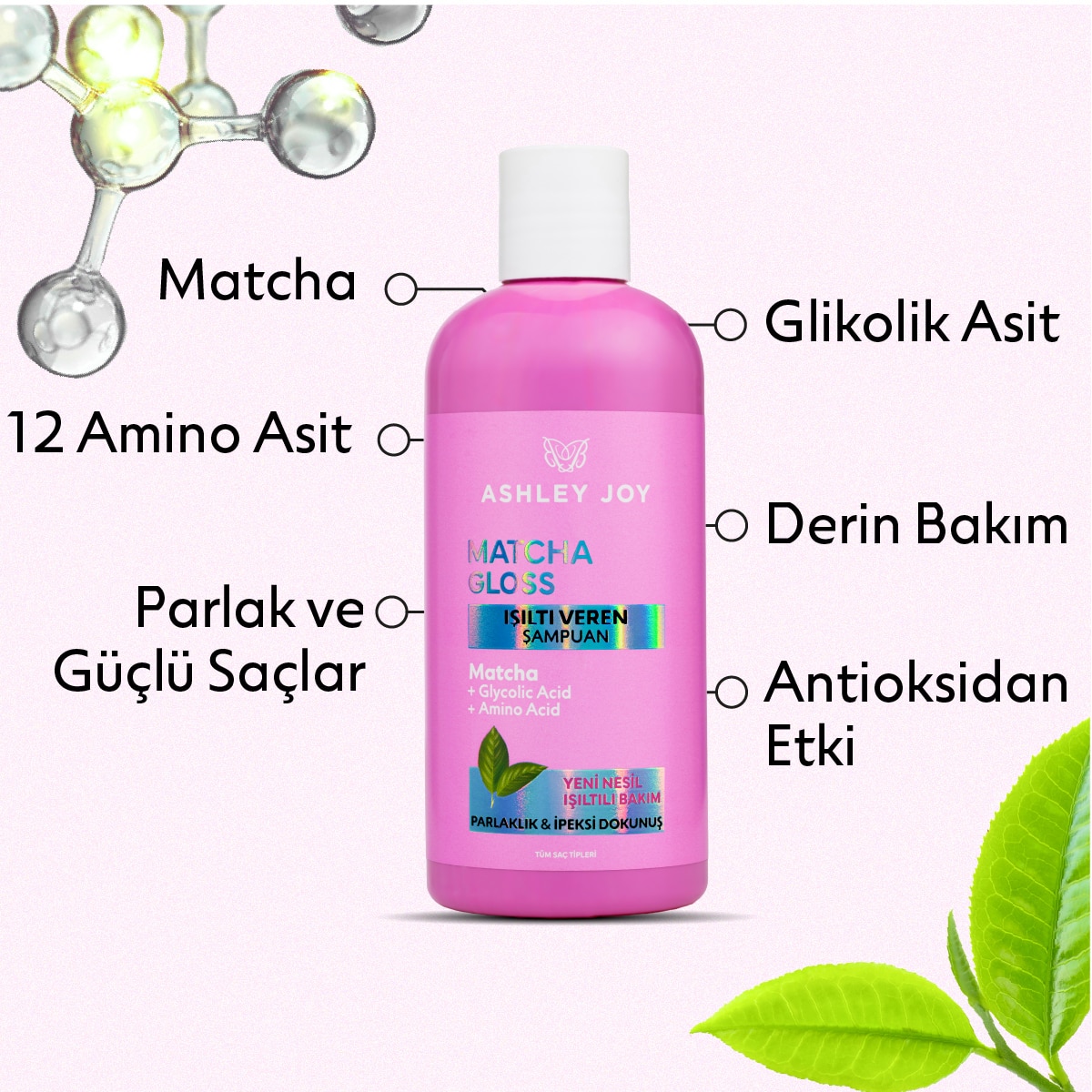  ASHLEY JOY ASHLEY JOY EXC. Ashley Joy Matcha Gloss Glikolik Asit İçeren Işıltı ve Parlaklık Veren Şampuan 400 ml  1 of 8 
