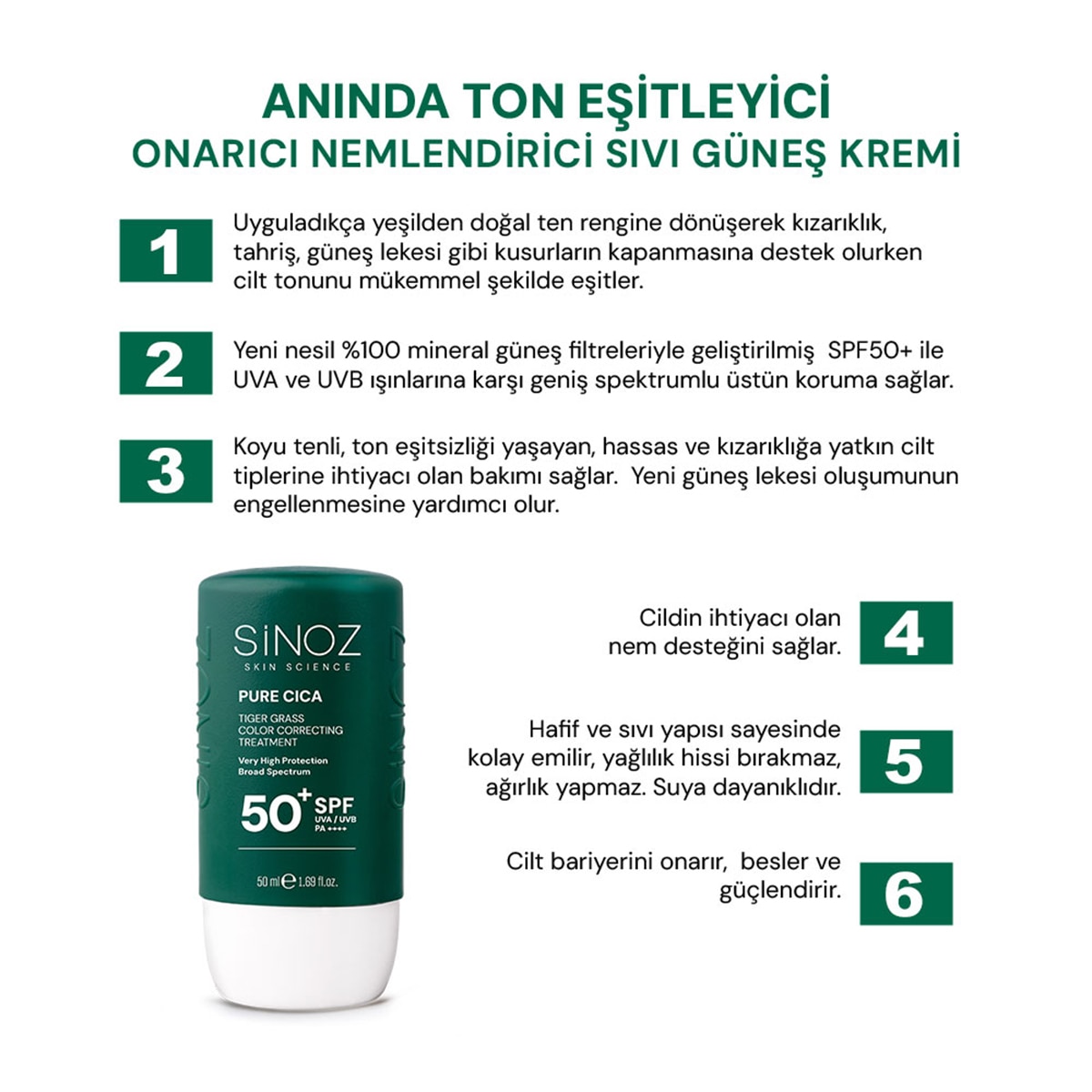  SİNOZ SINOZ Sinoz Cica Ton Eşitleyici Yüz Güneş Koruyucu Losyon SPF50+ 50 ml  1 of 8 