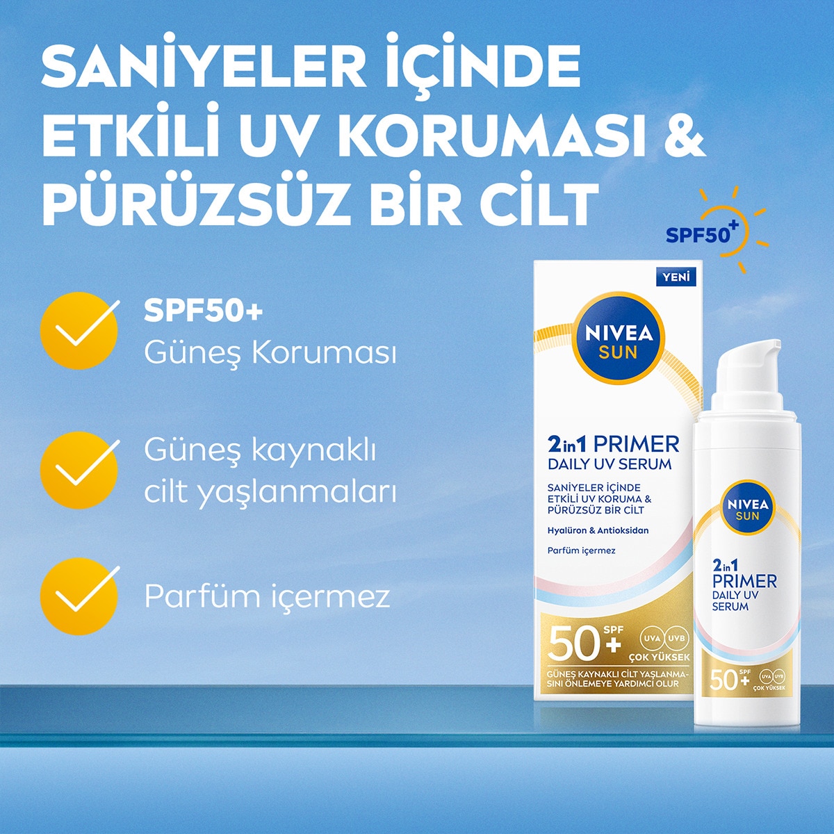  NIVEA SUN NIVEA SUN Nivea Sun SPF50 2'si 1 Arada UV Koruma & Pürüzsüzlük Primer Serum 30 ml  1 of 6 