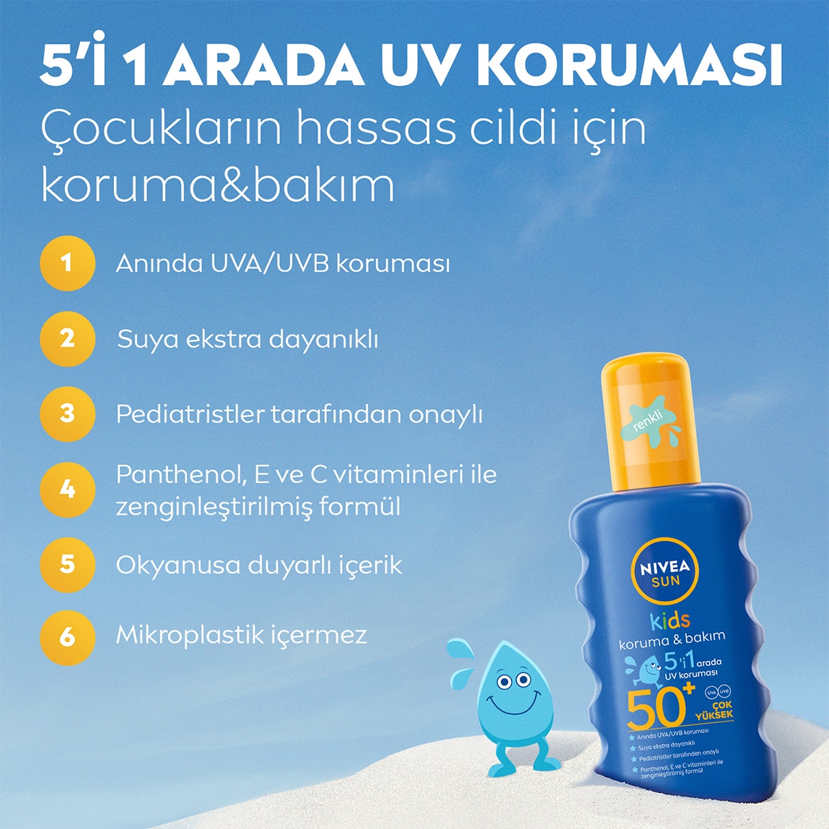  NIVEA SUN NIVEA SUN Nivea Sun SPF50+ Koruma & Bakım Çocuk Vücut Güneş Kremi Sprey 200 ml  1 of 8 