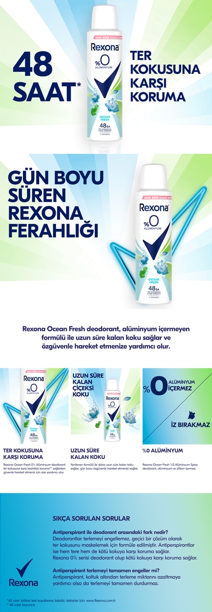 REXONA REXONA Rexona Kadın Sprey Deodorant Ocean Fresh %0 Alüminyum 48 Saat Ter Kokusuna Karşı Koruma 150 ml 1 of 8