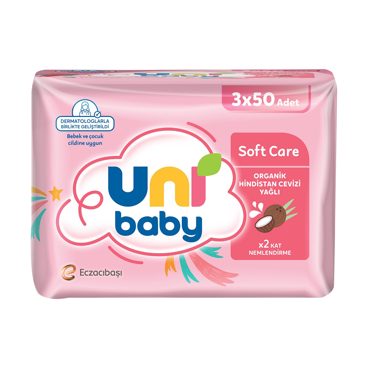 UNI UNI Uni Baby Soft Care Hindistan Cevizi Yağlı Islak Mendil 3x50 1 of 7