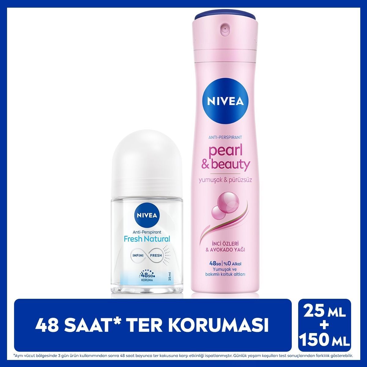  undefined NIVEA DEO EXC Nivea Kadın Sprey Deodorant Pearl&Beauty 150ml ve Mini Roll-on Fresh Natural 25ml, Ter Koruması  Nivea Kadın Sprey Deodorant Pearl&Beauty 150ml ve Mini Roll-on Fresh Natural 25ml, Ter Koruması