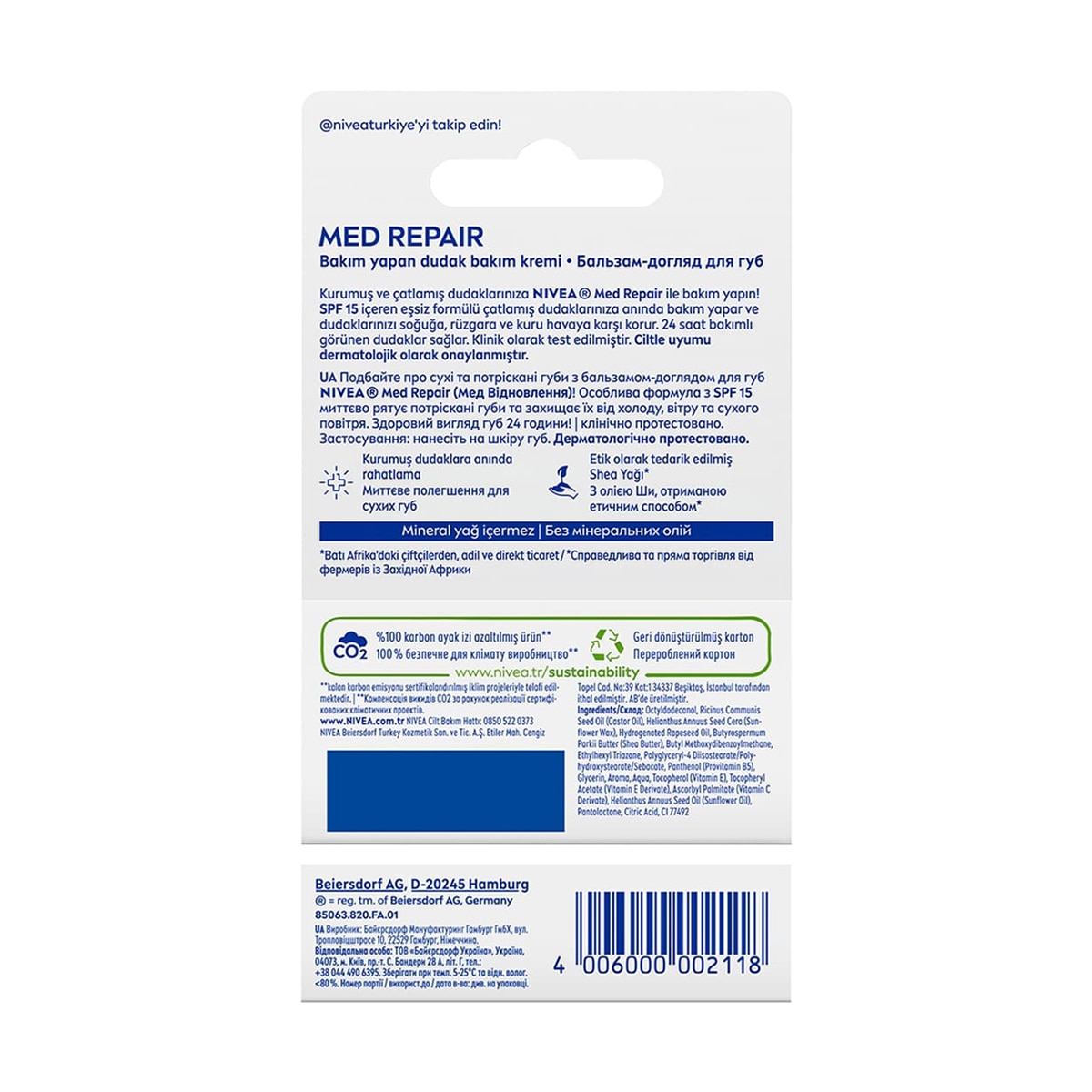  NIVEA LIP CARE NIVEA LIP CARE Nivea Dudak Bakım Kremi Med Repair 4,8 g 24 Saat Nem SPF15  1 of 6 
