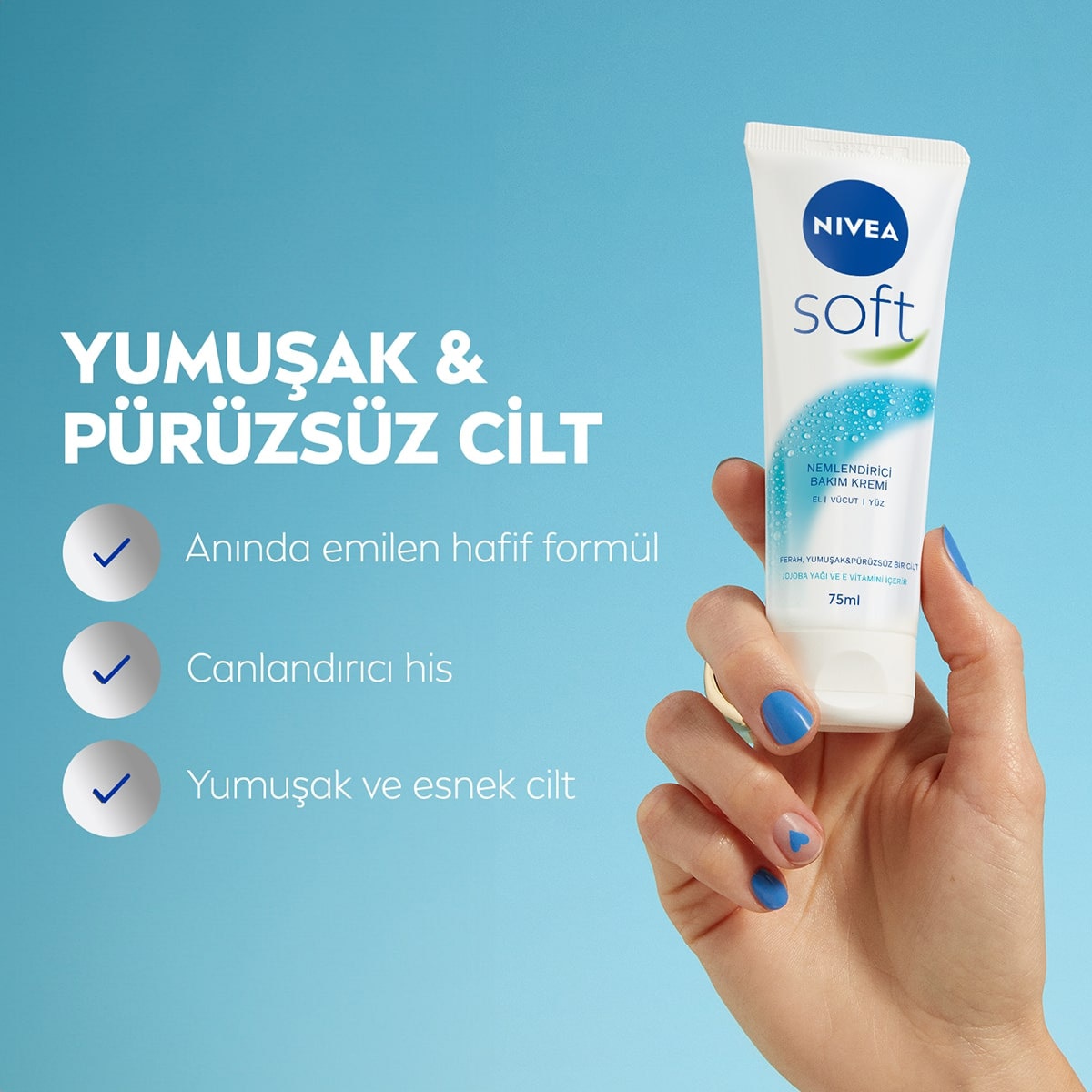  NIVEA SOFT NIVEA SOFT Nivea Soft Nemlendirici Bakım Kremi Yüz Vücut El 75 ml Jojoba Yağı ve E Vitamini Tüm Ciltler  1 of 6 