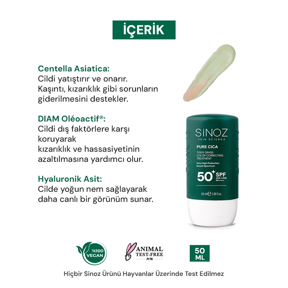  SİNOZ SINOZ Sinoz Cica Ton Eşitleyici Yüz Güneş Koruyucu Losyon SPF50+ 50 ml  1 of 8 