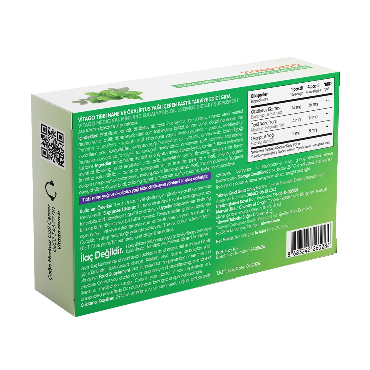  VITAGO EXC. VITAGO EXC. Vitago Pastil Tıbbi Nane Ökaliptus Yağı 16'lı  1 of 6 