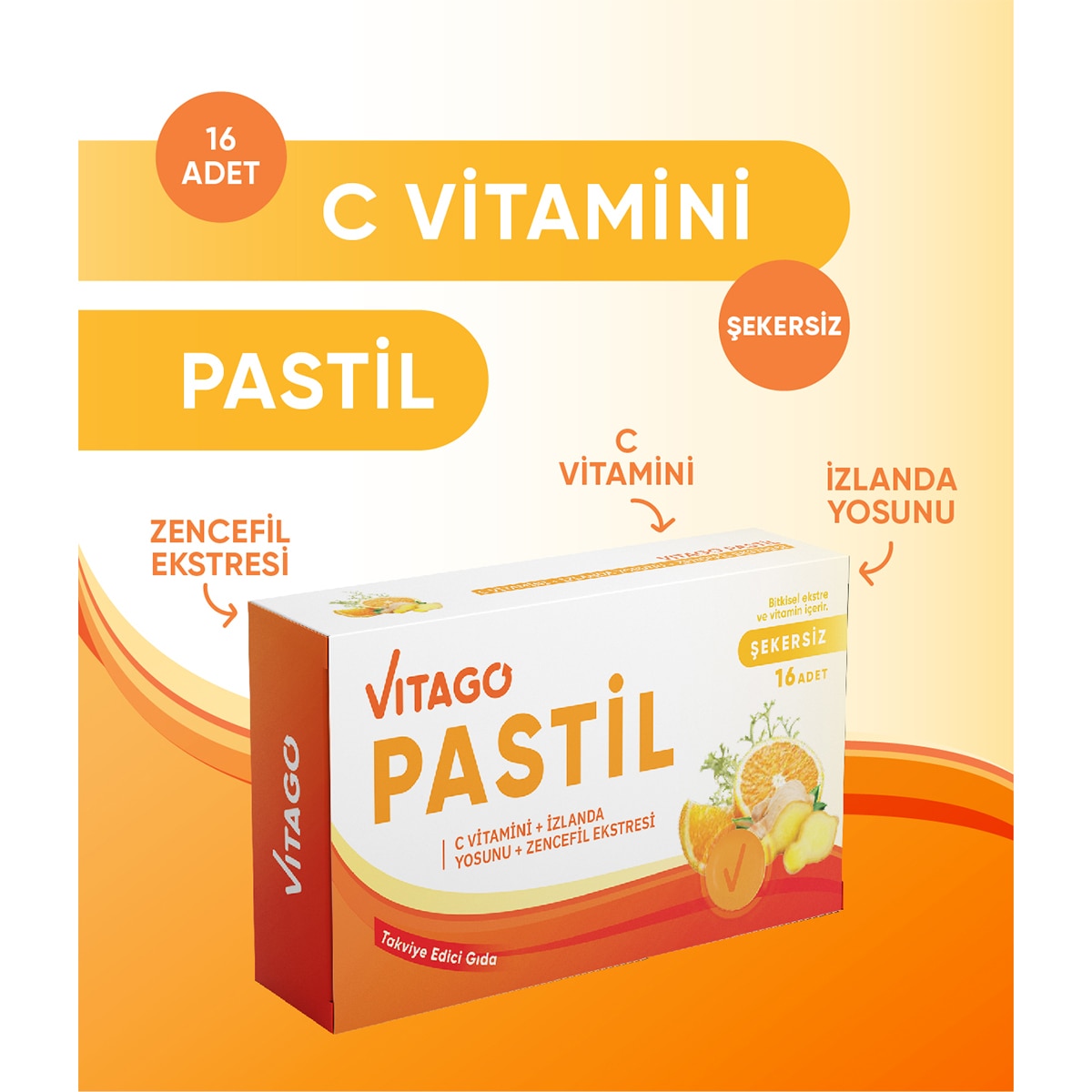  VITAGO EXC. VITAGO EXC. Vitago Pastil Vitamin C İzlanda Yosun Zencefil 16'lı  1 of 7 