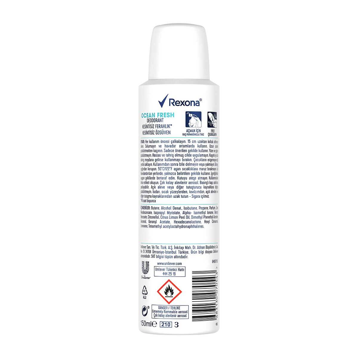 REXONA REXONA Rexona Kadın Sprey Deodorant Ocean Fresh %0 Alüminyum 48 Saat Ter Kokusuna Karşı Koruma 150 ml 1 of 8