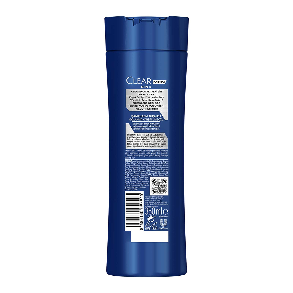  CLEAR CLEAR Clear Men 3in1 Şampuan & Duş Jeli Yağlanma Karşıtı Lime Özü 350 ml  1 of 7 