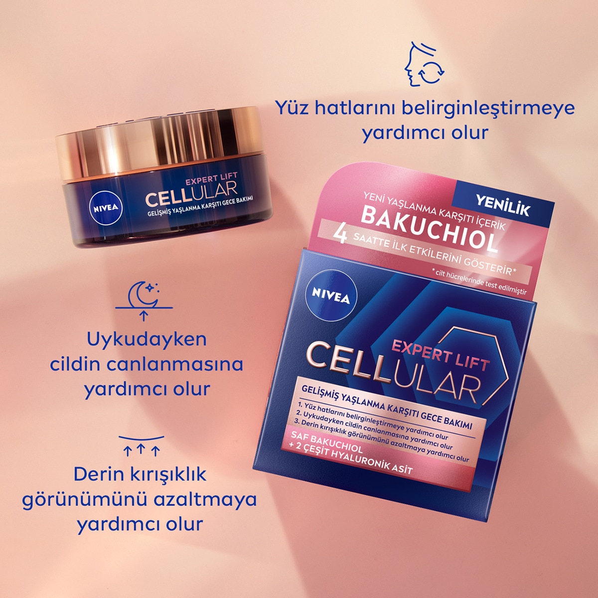  NIVEA VISAGE NIVEA VISAGE Nivea Cellular Expert Lift Doğal Retinol Alternatifi Saf Bakuchiol ve Hyaluronik Asit içeren Gece Kremi 50 ml  1 of 7 