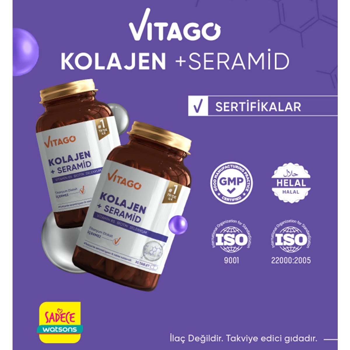  VITAGO VITAGO EXC. Vitago Kolajen, Seramid ve Biotin İçeren Tablet Takviye Edici Gıda 30'lu  1 of 5 